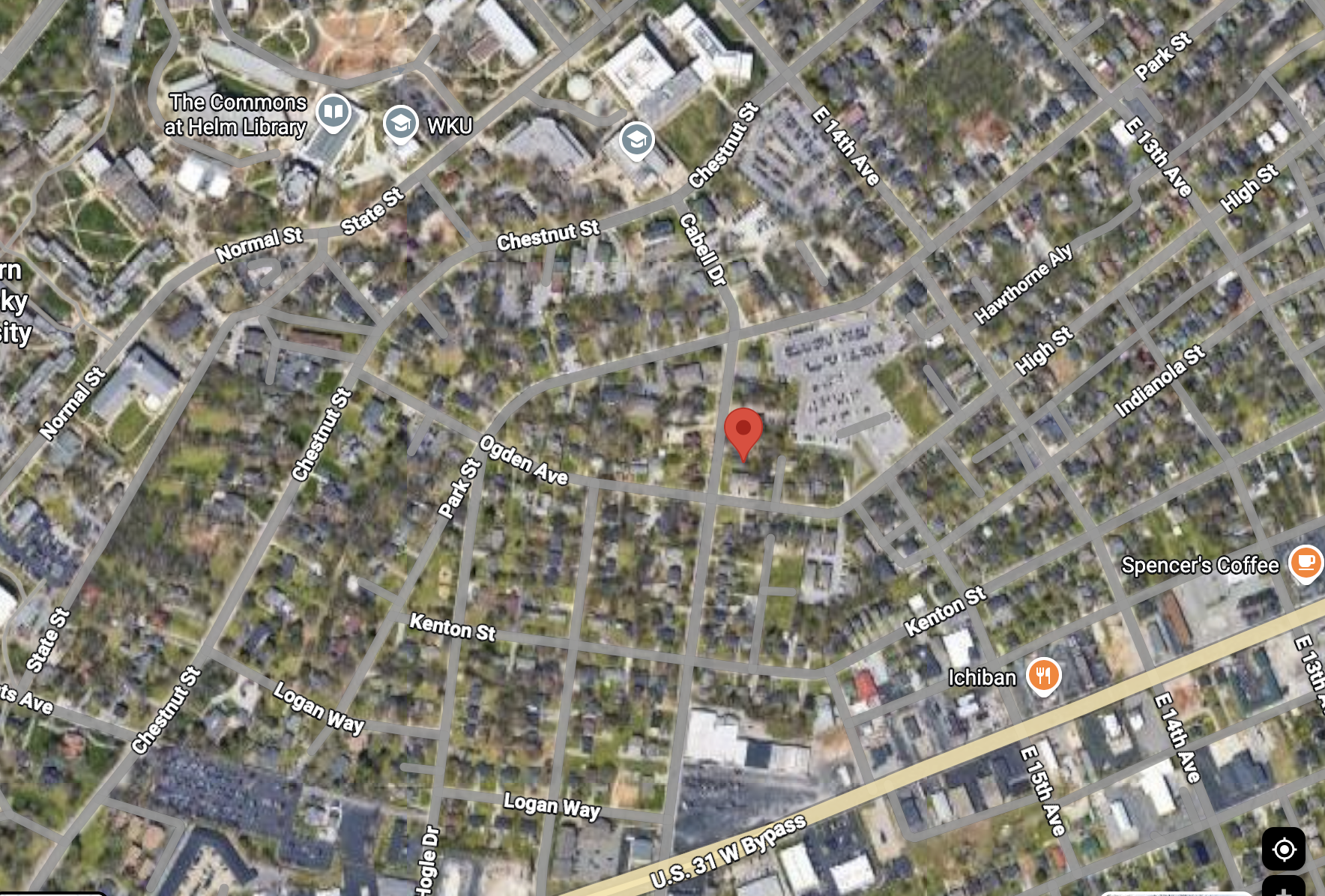 Map view showing 708 Cabell Drive in relation to WKU and nearby streets