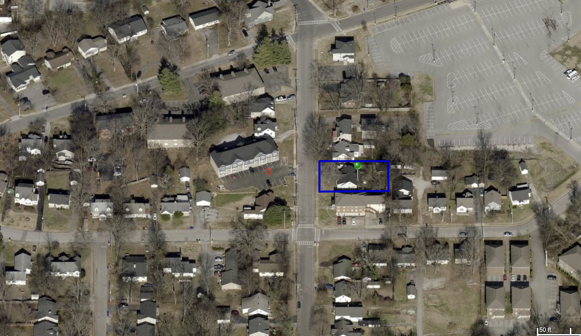 Closer aerial oblique view centered on 708 Cabell Drive